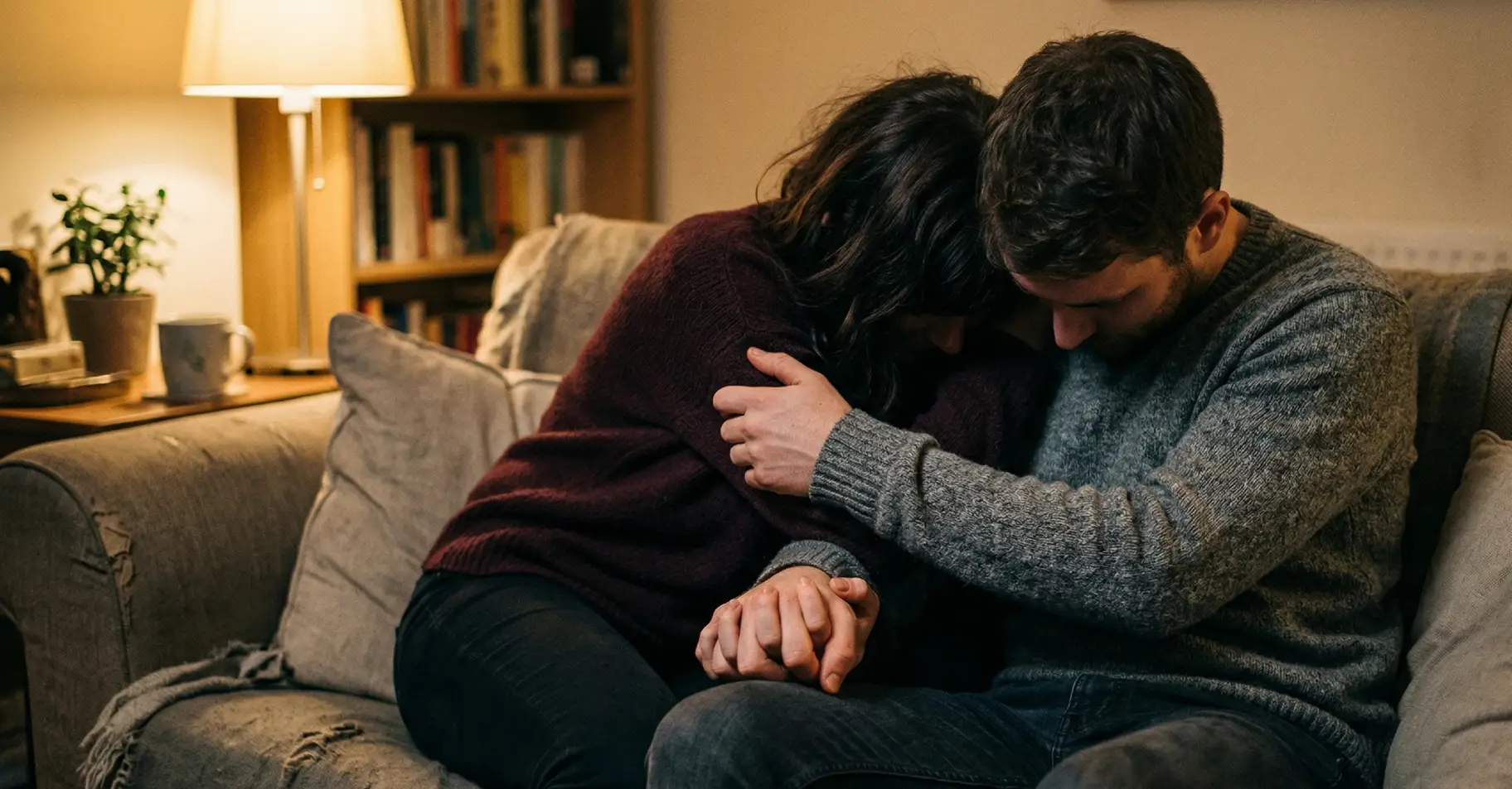 Couple enlacé sur un canapé illustrant la dépendance affective dans la relation