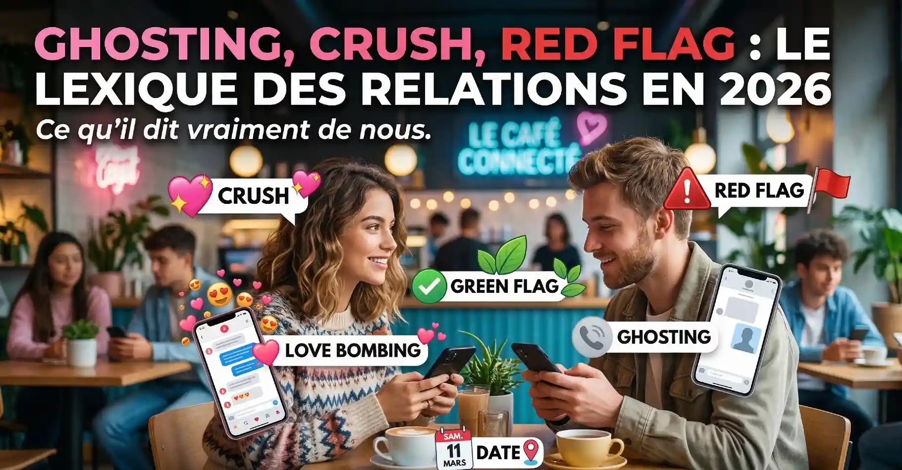 Lexique des relations amoureuses en 2026 — ghosting, crush, red flag, love bombing